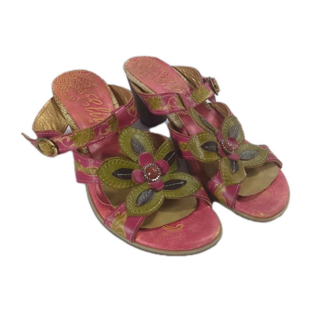 Elite by Corky's Leather Sandals CANDY 7 Multicolor Flowers Hedge Heel Spring